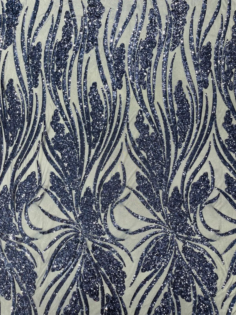 Wavy Leaf Design Fabric - Navy Blue - 4 Way Stretch Sequins Lace Mesh Leaf Design Fabric by Yard