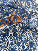 Damask Fancy Design - Navy Blue - Embroidered  Mesh Damask Design Lace Fabric Sold by Yard