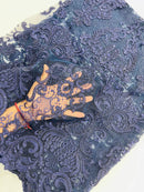 King Lace Design Fabric - Navy Blue - King Design with Sequins Embroidered On Mesh By Yard