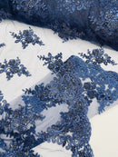 Floral Damask Bead Fabric - Navy Blue - Embroidered Floral Clusters with Beads / Sequins by Yard