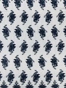 Damask Flower Lace Fabric - Navy Blue - Damask Flowers Embroidered on Lace Fabric By Yard