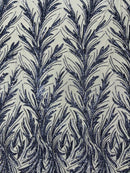Leaf Stretch Sequins Fabric - Navy Blue - 4 Way Stretch Sequins on Lace Mesh Fabric by Yard