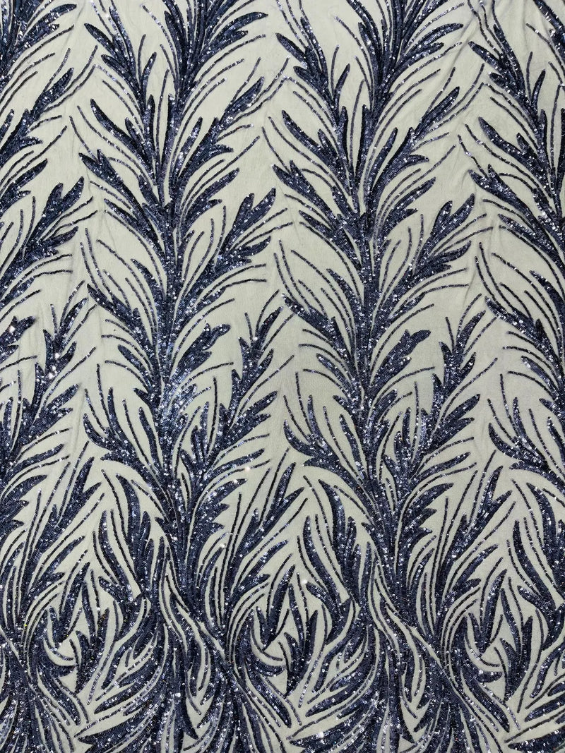 Leaf Stretch Sequins Fabric - Navy Blue - 4 Way Stretch Sequins on Lace Mesh Fabric by Yard