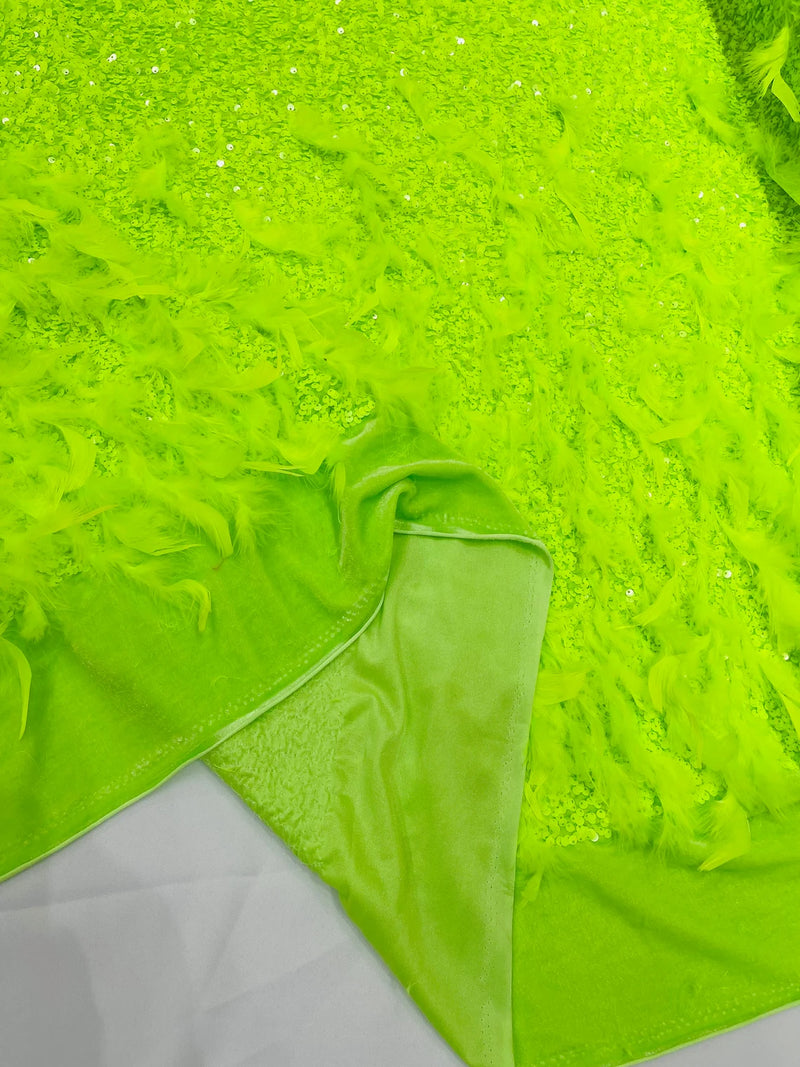 Feather Sequin Velvet Fabric - Neon Green - 5mm Sequins Velvet 2 Way Stretch 58/60" Fabric By Yard