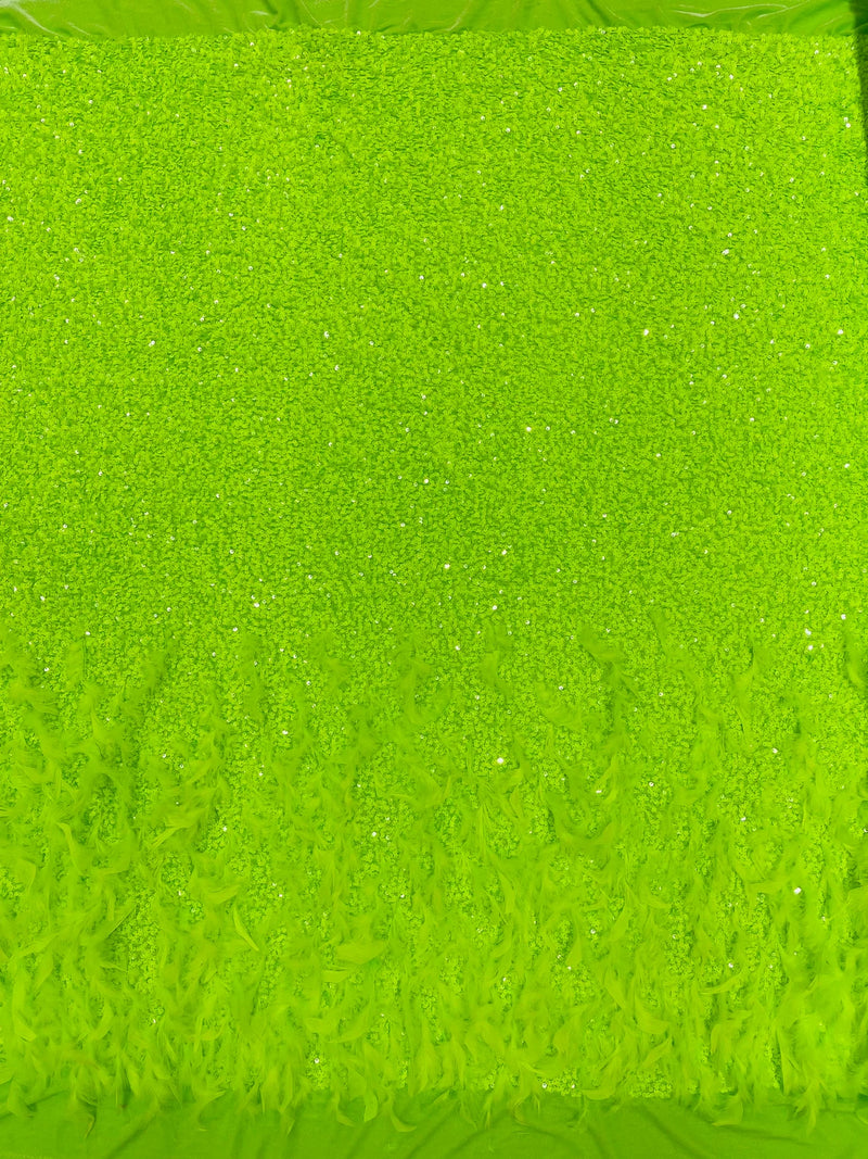 Feather Sequin Velvet Fabric - Neon Green - 5mm Sequins Velvet 2 Way Stretch 58/60" Fabric By Yard