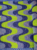 Wavy Line Design Velvet Sequins - Neon Lime / Lavender / Clear - Velvet Sequins Fabric 2 Way Stretch 58"/60" Yard