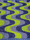 Wavy Line Design Velvet Sequins - Neon Lime / Lavender / Clear - Velvet Sequins Fabric 2 Way Stretch 58"/60" Yard