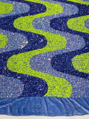 Wavy Line Design Velvet Sequins - Neon Lime / Lavender / Clear - Velvet Sequins Fabric 2 Way Stretch 58"/60" Yard