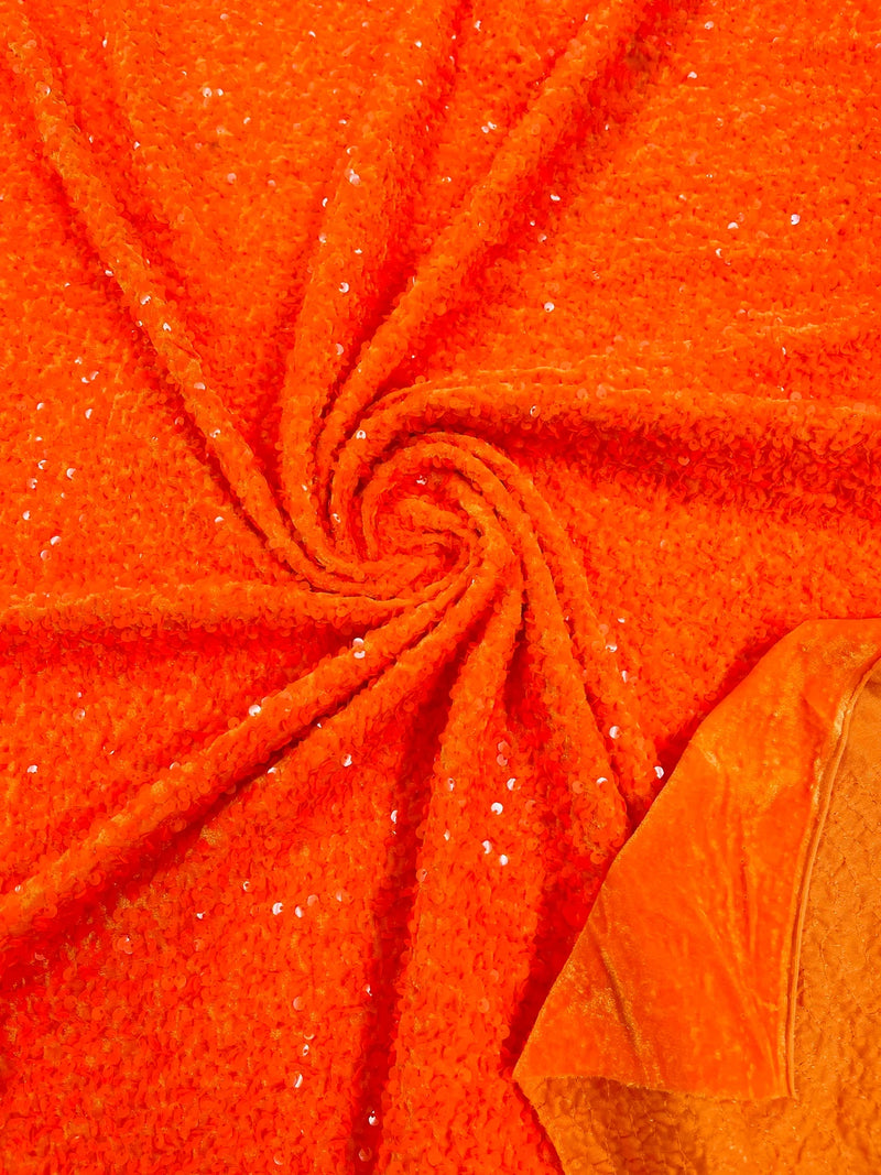 58/60" Velvet Sequins Stretch Fabric - Neon Orange - Velvet Sequins 2 Way Stretch Sold By Yard
