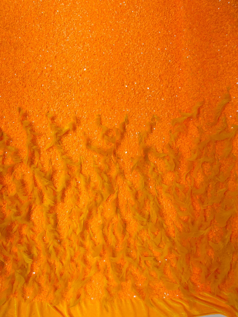 Feather Sequin Velvet Fabric - Neon Orange - 5mm Sequins Velvet 2 Way Stretch 58/60" Fabric By Yard
