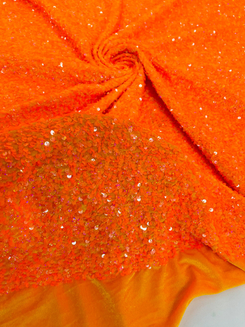 58/60" Velvet Sequins Stretch Fabric - Neon Orange Hologram - Velvet Sequins 2 Way Stretch Sold By Yard