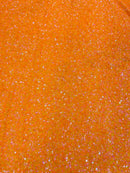 58/60" Velvet Sequins Stretch Fabric - Neon Orange Hologram - Velvet Sequins 2 Way Stretch Sold By Yard