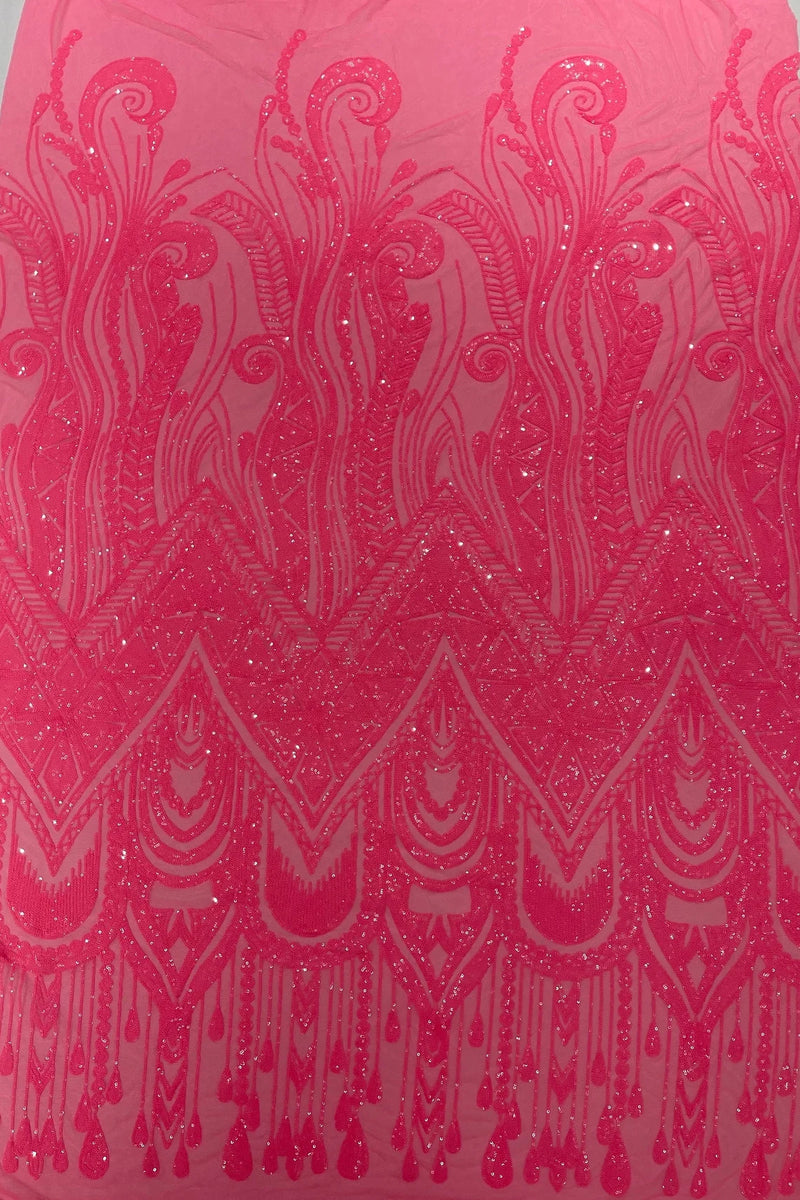 Zig Zag Tear Drop Sequins - Neon Pink - Embroidered Zig Zag Sequins 4 Way Stretch By Yard