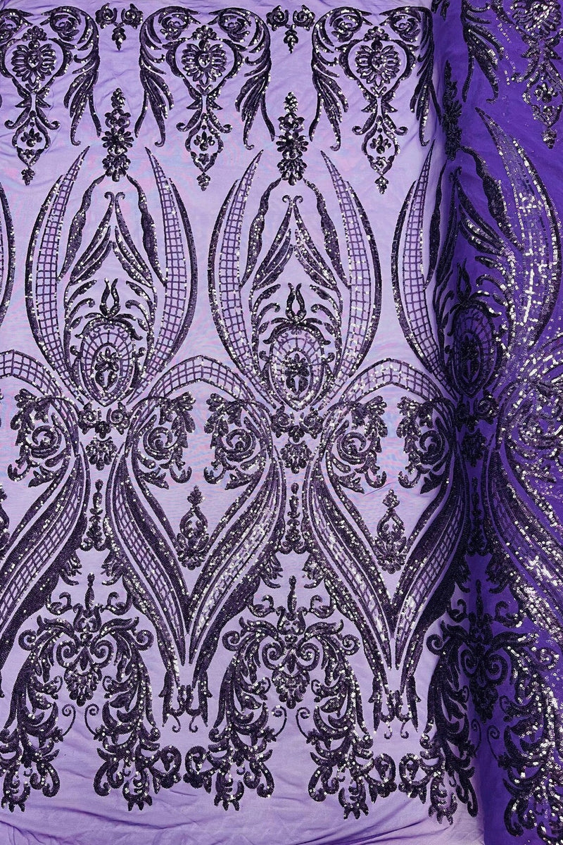 Big Damask Sequins - Neon Plum - Damask Sequin Design on 4 Way Stretch Fabric By Yard
