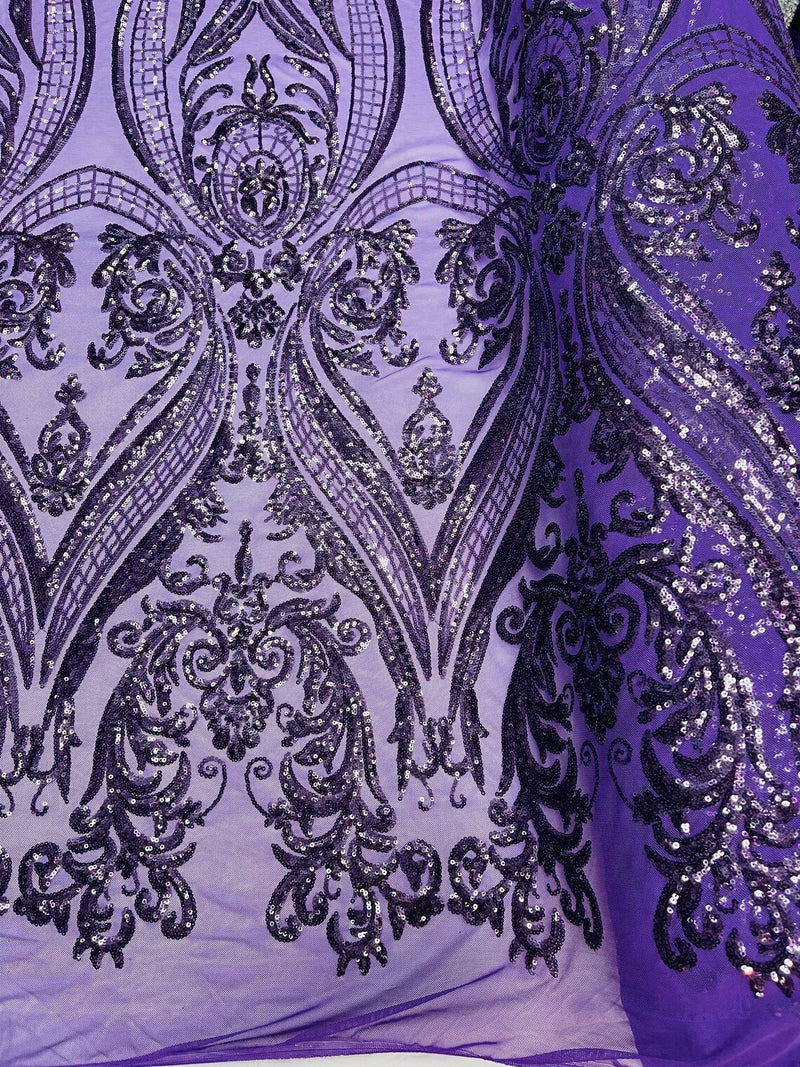 Big Damask Sequins - Neon Plum - Damask Sequin Design on 4 Way Stretch Fabric By Yard