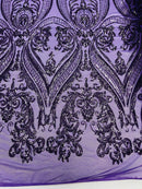 Big Damask Sequins - Neon Plum - Damask Sequin Design on 4 Way Stretch Fabric By Yard