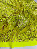 Cheetah Print Spandex Fabric - Neon Yellow -  4 Way Stretch Foil Spandex Fabric By Yard