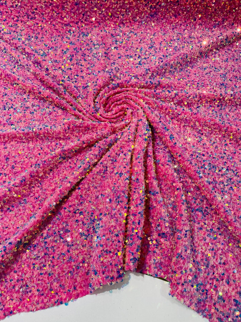 58/60" Velvet Sequins Stretch Fabric - New Clear Pink - Velvet Sequins 2 Way Stretch Sold By Yard