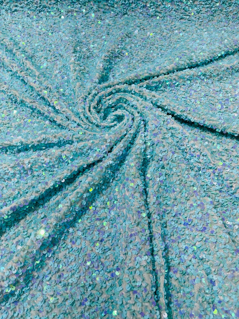 58/60" Velvet Sequins Stretch Fabric - New Mint Iridescent - Velvet Sequins 2 Way Stretch Sold By Yard