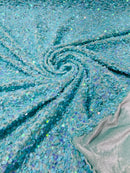 58/60" Velvet Sequins Stretch Fabric - New Mint Iridescent - Velvet Sequins 2 Way Stretch Sold By Yard
