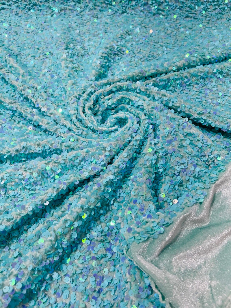58/60" Velvet Sequins Stretch Fabric - New Mint Iridescent - Velvet Sequins 2 Way Stretch Sold By Yard