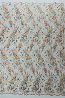 Multi-Color Floral Leaf Fabric - Nude / Aqua Sequins - Sequins Lace Flower Fabric Sold By Yard