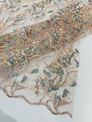 Multi-Color Floral Leaf Fabric - Nude / Aqua Sequins - Sequins Lace Flower Fabric Sold By Yard