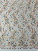 Multi-Color Floral Leaf Fabric - Nude / Aqua Sequins - Sequins Lace Flower Fabric Sold By Yard