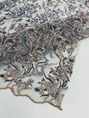 Multi-Color Floral Leaf Fabric - Nude / Navy Blue - Sequins Lace Flower Fabric Sold By Yard