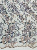 Multi-Color Floral Leaf Fabric - Nude / Navy Blue - Sequins Lace Flower Fabric Sold By Yard