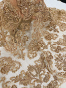 My Lady Beaded Fabric - Nude - Damask Beaded Sequins Embroidered Fabric By Yard