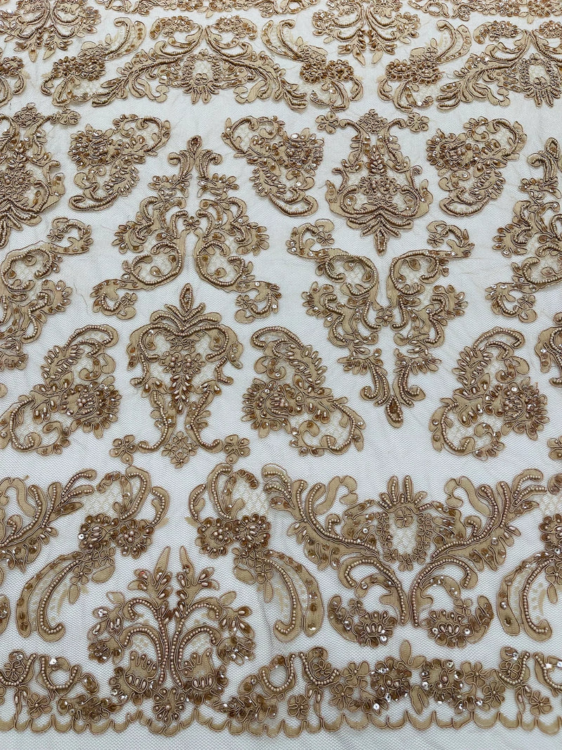 My Lady Beaded Fabric - Nude - Damask Beaded Sequins Embroidered Fabric By Yard