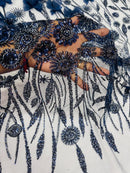 Navy Beaded Fabric 3D Floral Butterfly Fabric by the Yard, Luxury Butterfly Mesh