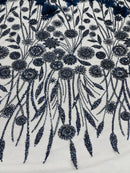 Navy Beaded Fabric 3D Floral Butterfly Fabric by the Yard, Luxury Butterfly Mesh