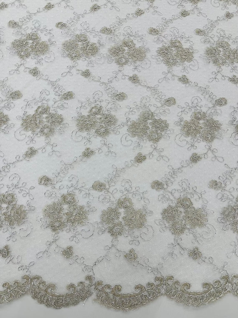 Jasmine Flower Fabric - Off-White / Silver - Embroidered Floral Design Lace Mesh Bridal Fabric By Yard