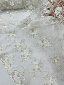 3D Flower Pearl Design - Off-White - Embroidered Sequins Floral Clusters Lace Fabric By Yard