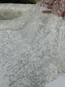 Floral Leaf Bead Fabric - Off-White - Leaf Design Shiny Beads and Sequins on Lace Mesh by Yard