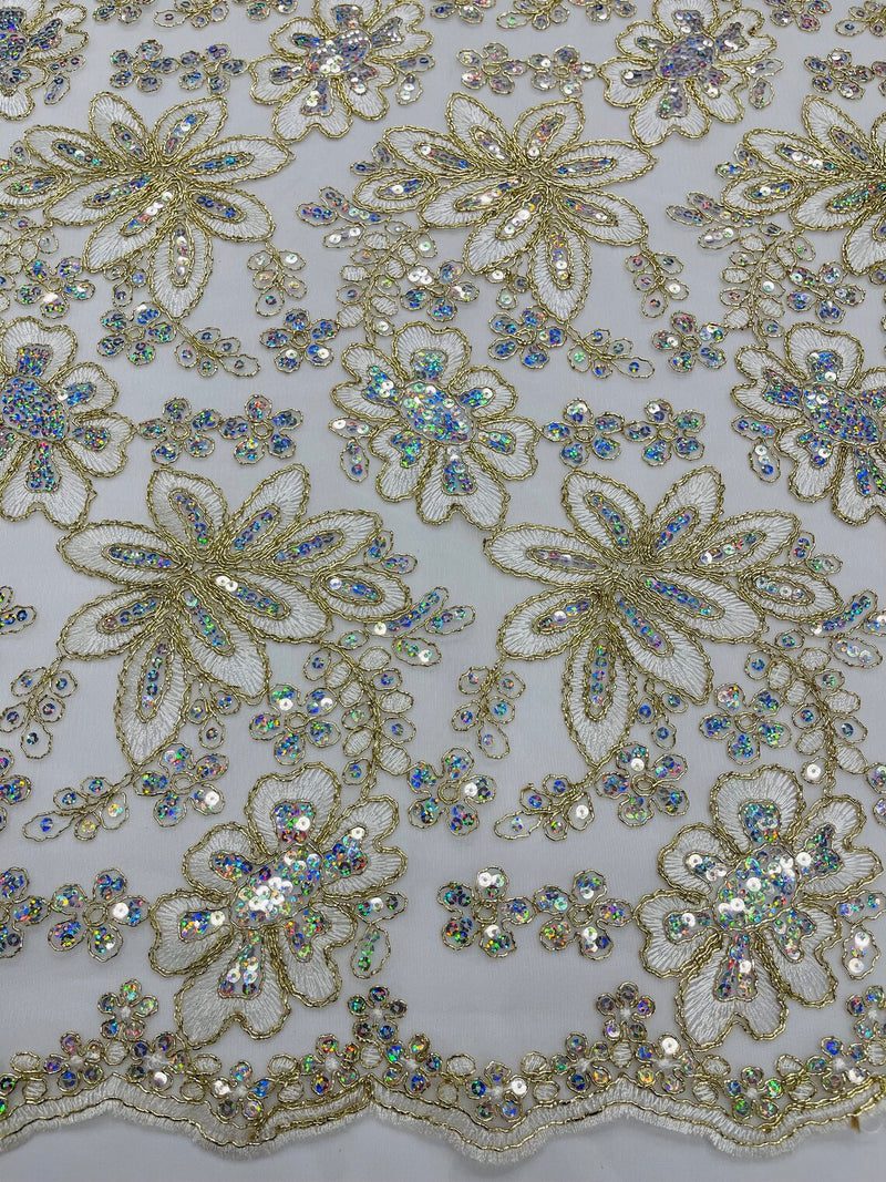 Metallic Floral Lace Fabric - Off-White - Hologram Sequins Floral Metallic Thread Fabric by Yard