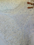 Floral Plant Bead Design - Off-White - Beaded Flower Plants Embroidered  Sequins Fabric By Yard