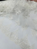 Floral Damask Bead Fabric - Off-White - Embroidered Floral Clusters with Beads / Sequins by Yard