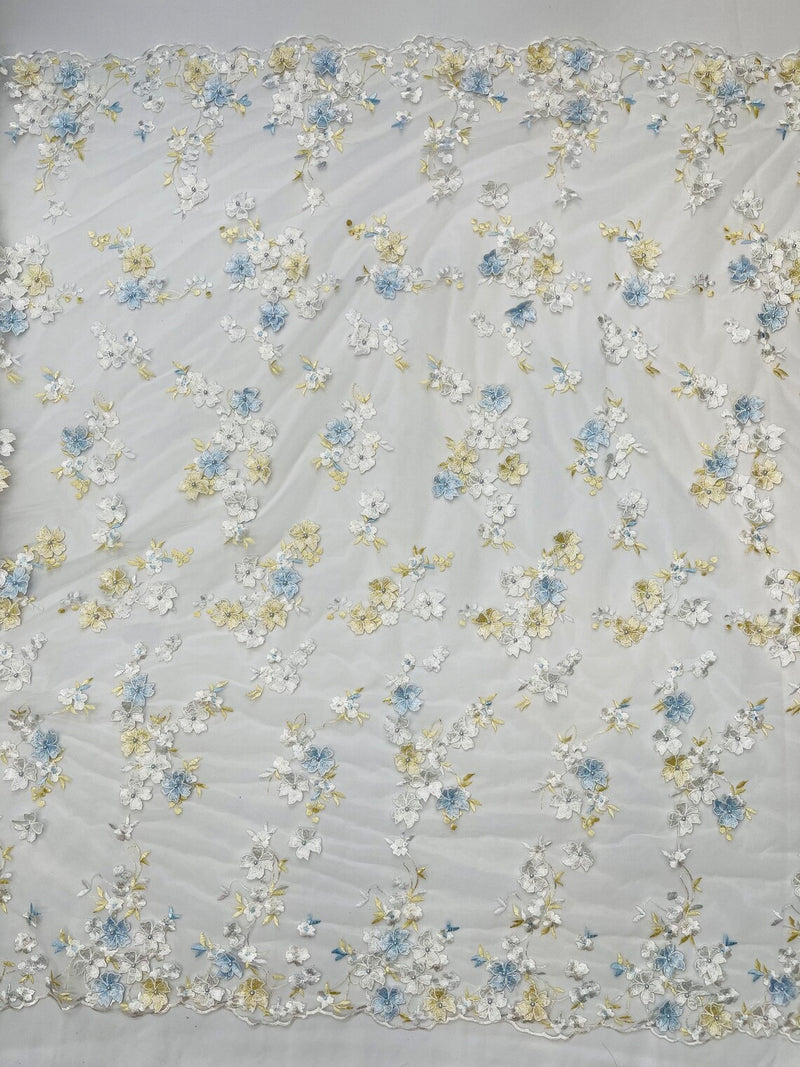3D Multi-Color Flower Lace - Off-White - Flower Leaf 3D Multi-Tone Fabrics Sold By Yard