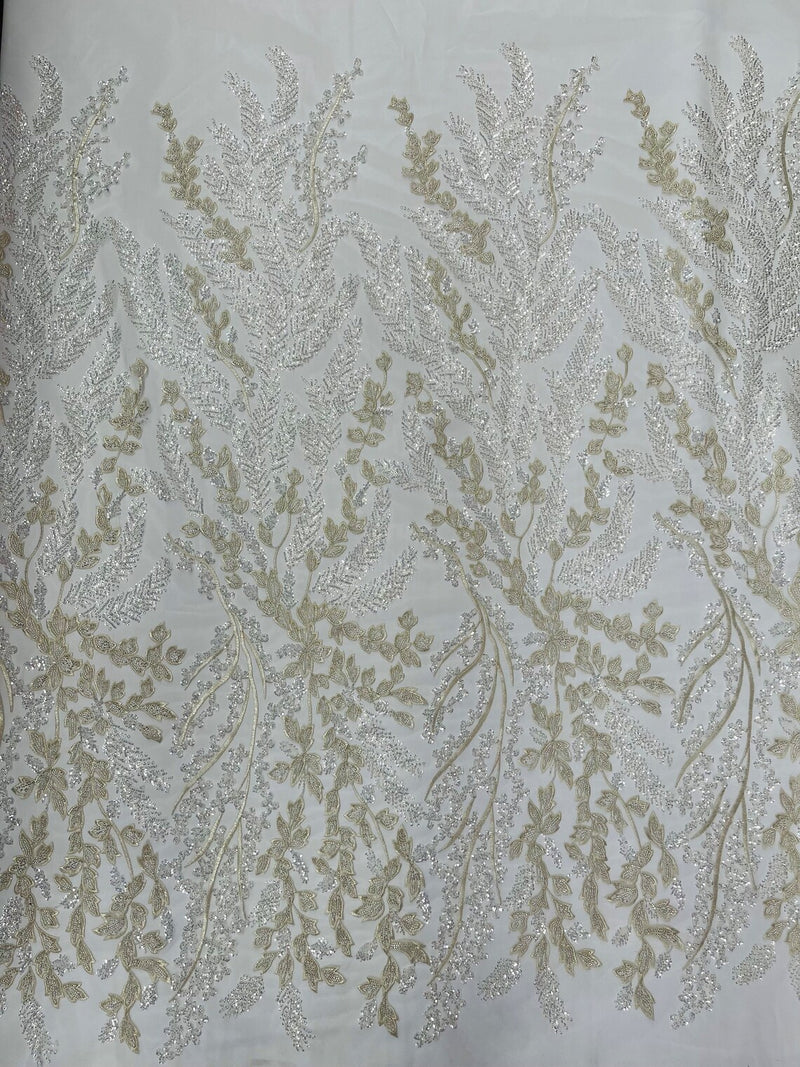Leaf Pattern Sequins Fabric - Off-White - Natural Leaf Beads and Sequins Lace Fabric by the yard