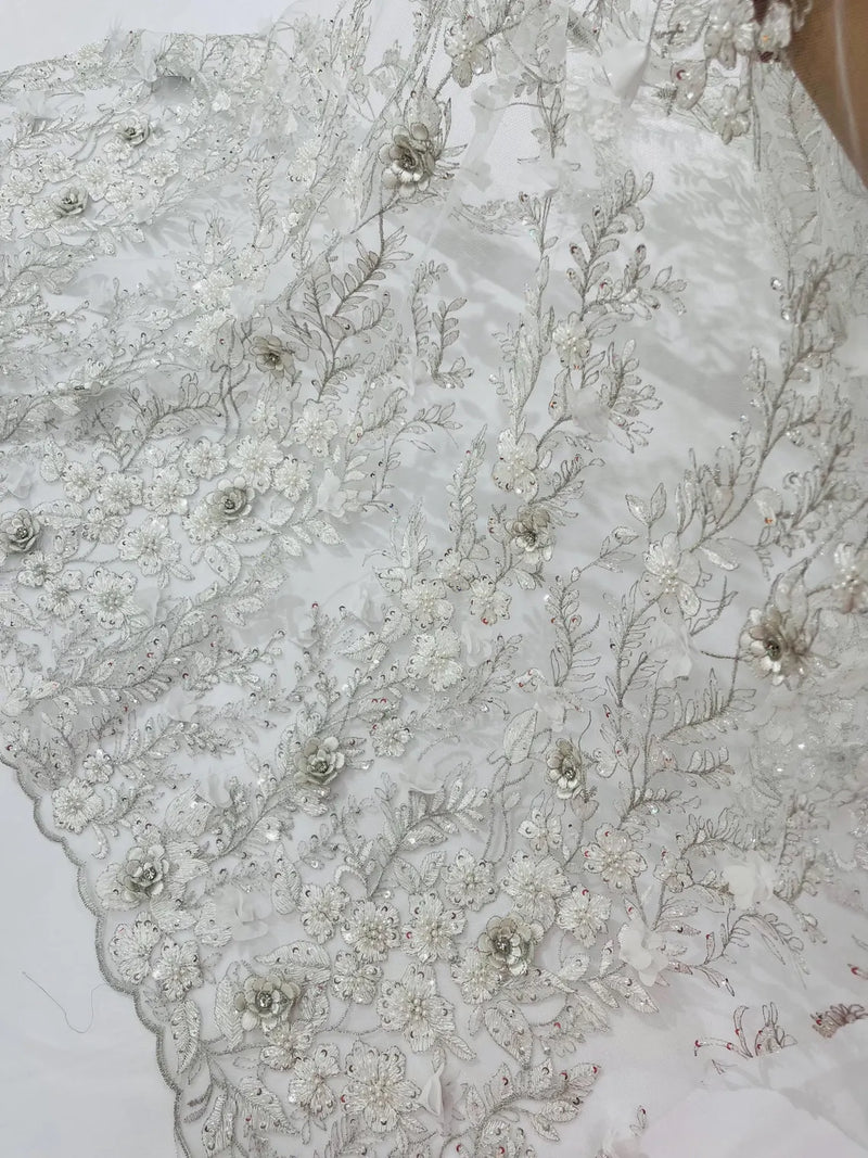 3D Rhinestone Flower Design - Off-White - Flower Sequins  Embroidered Lace Fabric By Yard