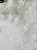 3D Floral Sequins Design - Off-White - Embroidered Floral Lace Fabric With Sequins / Pearls By Yard