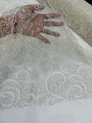 Swirl Design Bead Fabric - Off-White - Beaded Swirl Design with Sequins on Mesh Lace by Yard