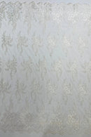 Braid Leaf Designs Lace Fabric - Off-White - Embroidered Floral Leaf Pattern on Lace Mesh Fabric By Yard