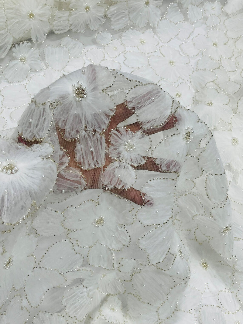 3D Tulle Flower Bead Fabric - Off-White - Mesh Flowers with Small Pearls and Beads By The Yard