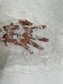 Metallic Floral Butterfly Fabric - Off-White - Embroidered Floral Butterfly Design Mesh Fabric by Yard