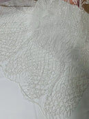 Beaded Embroidered Fabric - Off-White - Embroidered Heart and Feather Pattern Fabric Sold By Yard