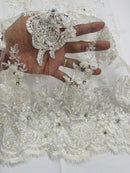 Beaded Rhinestone Fabric - Off-White - Floral Rhinestone Beaded Design with Fancy Border Sold By Yard